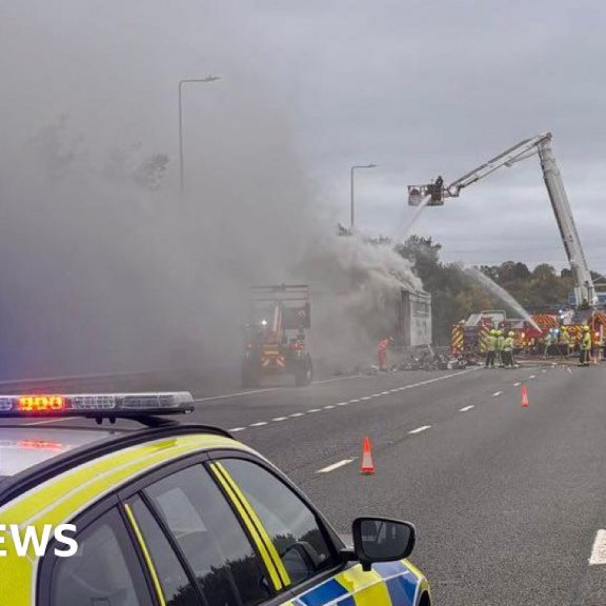 Lorry fire on M5 near Exeter causes delays and long queues