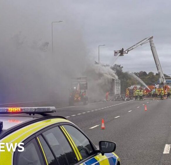 Lorry fire on M5 near Exeter causes delays and long queues