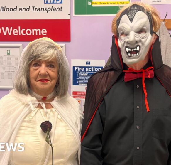 Dorset blood donor donates 100th pint dressed as Dracula’s bride