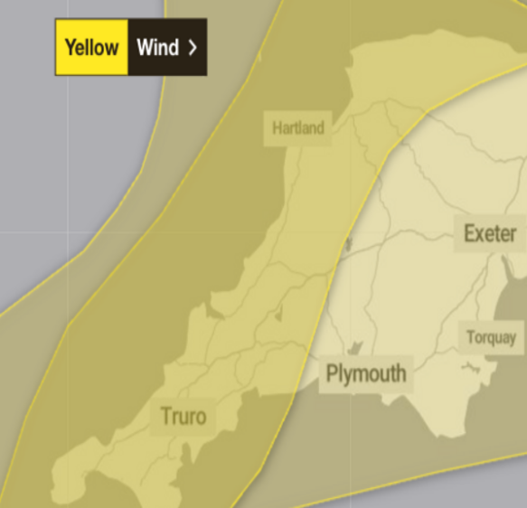 Warning for wind and heavy rain in Devon and Cornwall