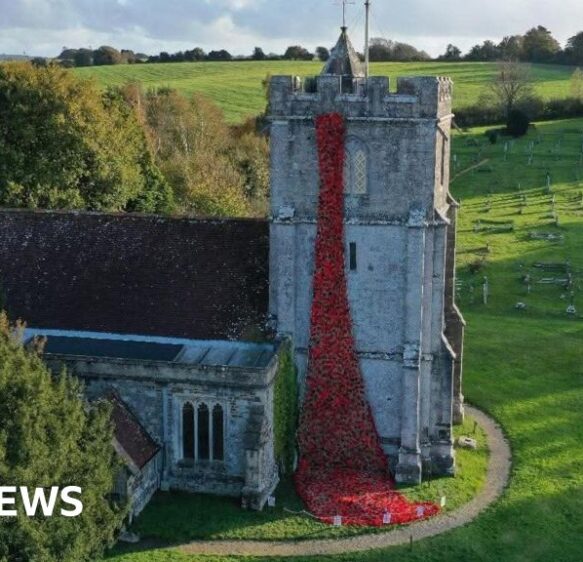 Wool villagers knit 5,000 poppies for Remembrance cascade