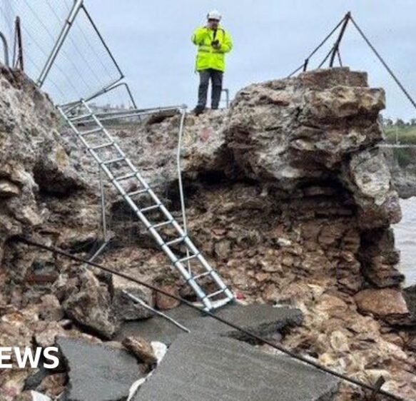 Part of West Hoe Pier in Plymouth caves in after Storm Bram