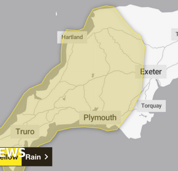 Weather warning issued for Devon and Cornwall